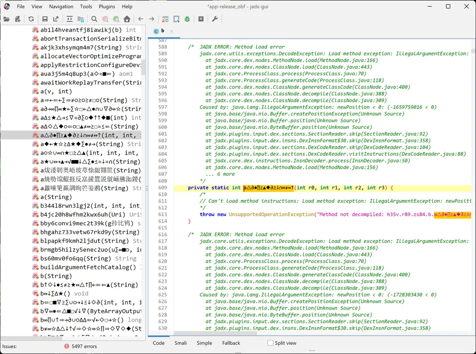 处理后的 APK 用 jadx 打开：5497 个错误，方法体无法反编译，代码全是随机名称
